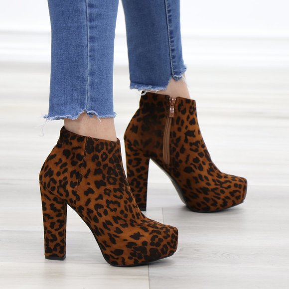 Platform Leopard Suede Ankle Heeled Booties - Picture 4 of 14